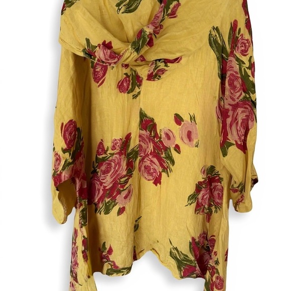Made in Italy Linen Oversized Floral Cowl Neck Hoodie Tunic Top Yellow Pink - Picture 4 of 10